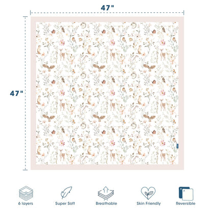 GRSSDER Muslin Cotton Quilt Blanket - Silky Soft and Breathable Baby Blanket Quilt, Oversized Muslin Blankets for Newborns, Toddlers & Kids, 6 Layers Reversible Design for All Seasons, 47" x 47"