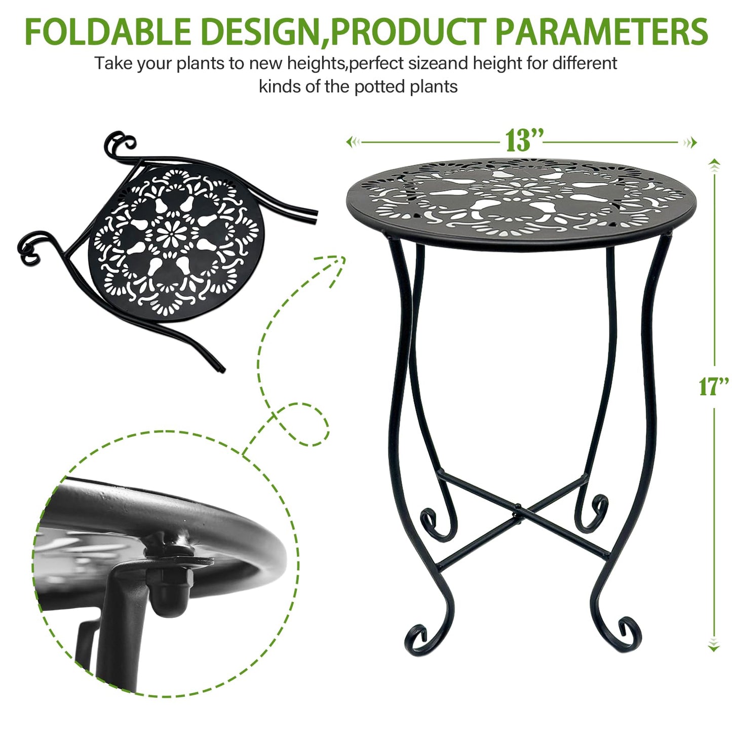 Arbuxzuy 3 Packs 17" Tall Round Metal Outdoor Side Tables for Patio, Decorative Black Flower Pot Stand, Rustproof Potted Holder, 120 lbs Load Capacity