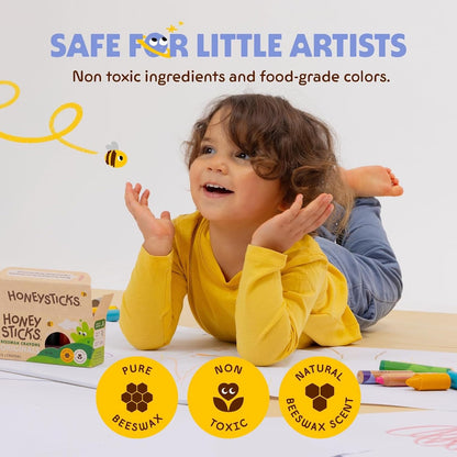 Honeysticks 100% Pure Beeswax Crayons (12 Pack) - Non Toxic Crayons for Toddlers 1-3, Safe for Baby from 1 Year Old Plus, Handmade with Natural Beeswax and Food-Grade Colors, Eco Friendly