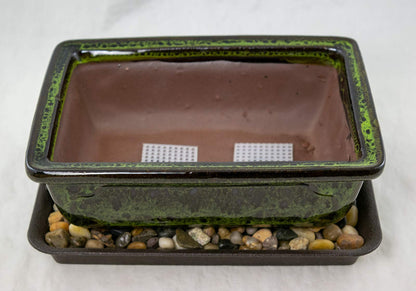 8" Rectangular Moss Green Glazed Bonsai Pot, Cactus & Succulent Planter + Tray + Rock + Mesh Combo
