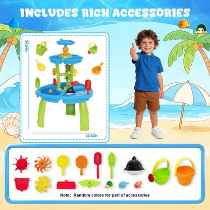 2026 Toddlers Water Table, 3-Tier Rain Showers Splash Pond Sensory Table with Water Pump & Water Toy Accessories, Summer Outdoor Toys, Kids Water and Sand Activity Playset for Boys Girls Age 3-5
