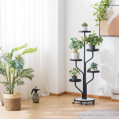 CHPHI 5 Tier Indoor Plant Stand Wrought Iron, Tall Metal Plant Stand with Wheels, Metal Rolling Plant Shelf with 5 Trays, Multi-tier Rolling Display Stand for Home and Office(Black)