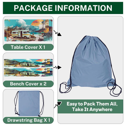 Britown 3 Piece Fitted Picnic Table Cover with Bench Covers, 72"x30" Full Elastic Edge Camping Tablecloth, Waterproof Wipeable RV Outdoor Patio Park Camping Essentials with Drawstring Bag (Travel)