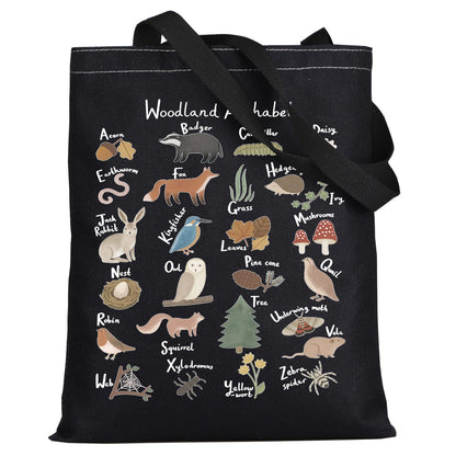 LEVLO Animal Alphabet Canvas Tote Bag - Woodland Themed Gift A-Z Grocery Bag (Black Tote)