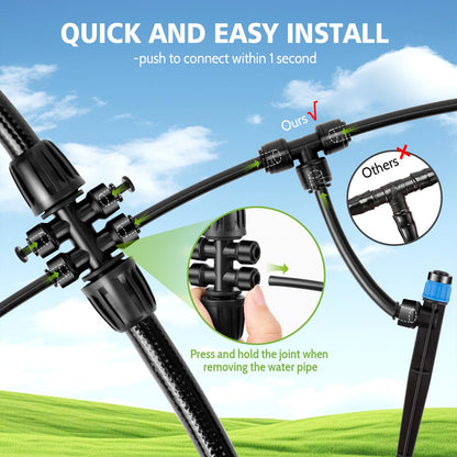 Kafuzi 230FT New Quick-Connect Drip Irrigation System Kit, Automatic Garden Watering Misting System for Greenhouse, Yard, Lawn, Plant with 1/2 inch Hose 1/4 inch Distribution Tubing and Accessories