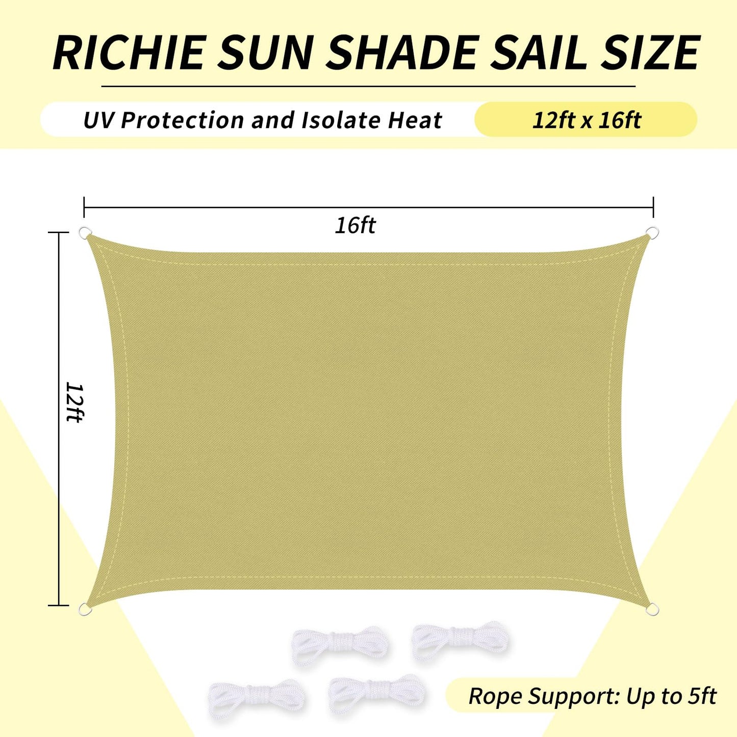 RICHIE Upgrade 12'x16' Sun Shade Sail Rectangle Canopy, Water Resistant & UV Block Sunshade for Outdoor Patio Lawn Beach Garden Carport Backyard Deck Pergola, Sand