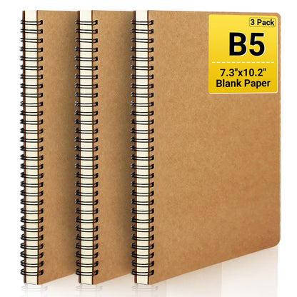 EUSOAR Spiral Blank Notebooks, B5 3 packs 7.3"x10.2" Unlined Travel Writing Notebooks Journal, Memo Notepad Sketchbook, Students College Office Business Subject Diary Spiral Book Journal-Kraft Cover