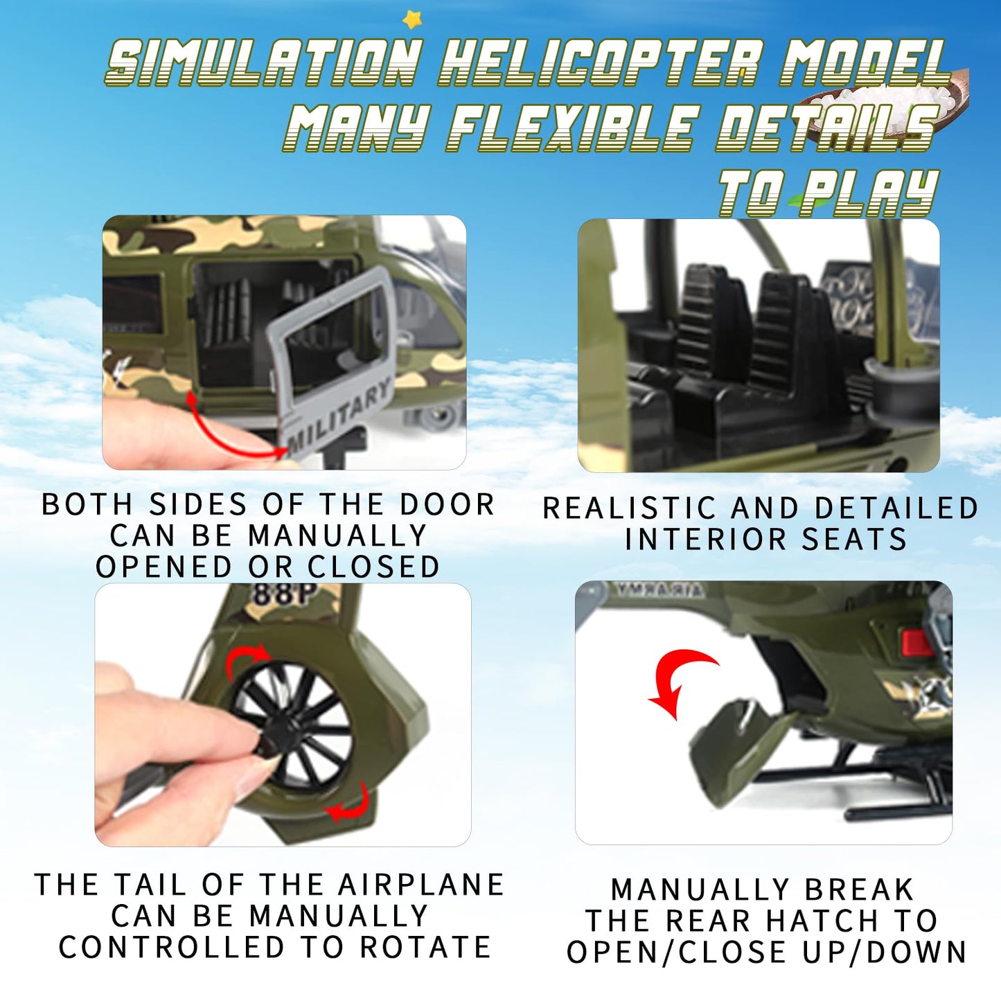 ANJARU Helicopter Toy with Lights and Sound,Simulative Rescue Helicopter Vehicles Toys for Kids Aged 3 and Up,Pull-Back Propeller Army Toys Toddler Kids Boys Gifts (Military Helicopter)