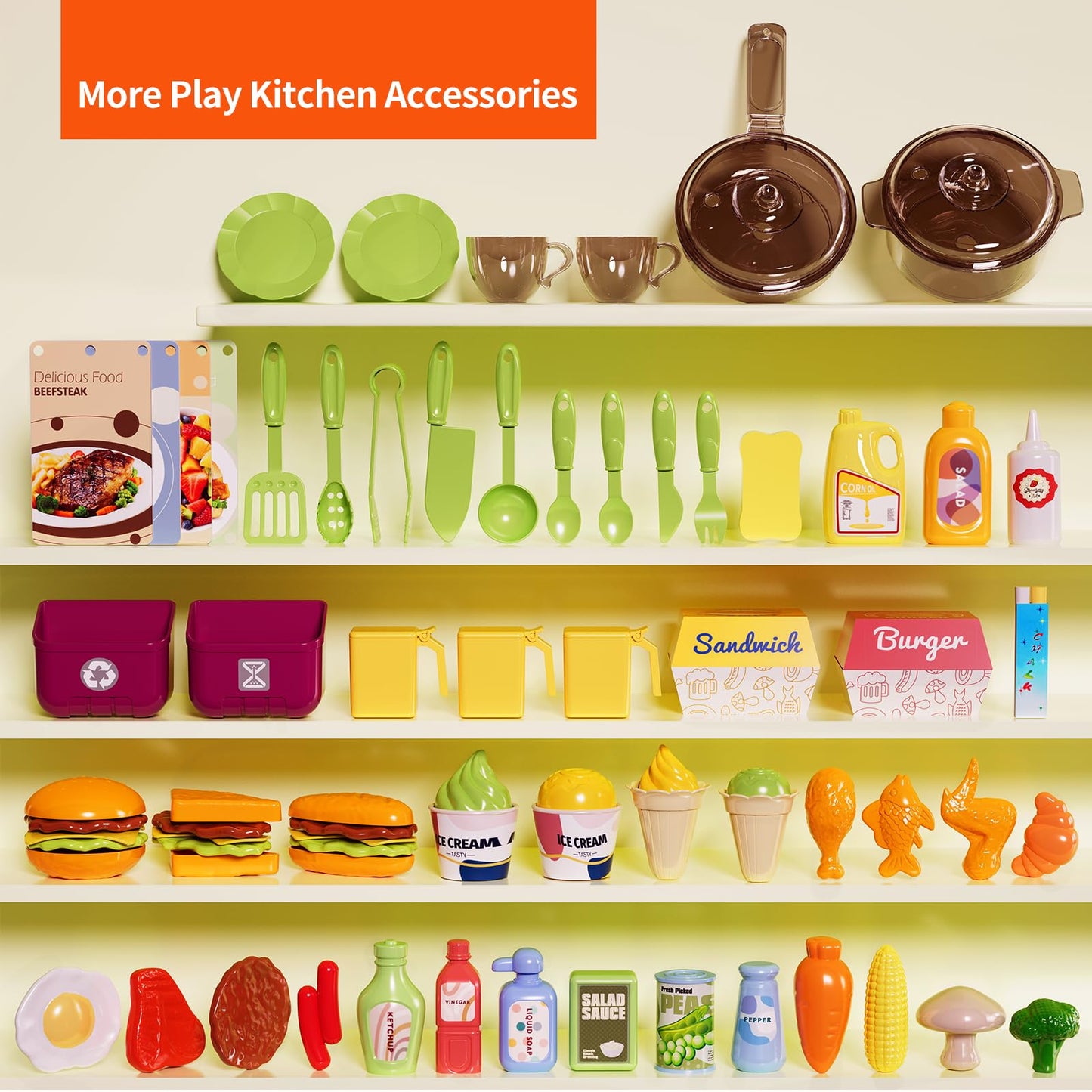 Pupu Pig Kids Kitchen Playset, Play Kitchen with Toy Stove, Grill, Sink, Play Food, ToyKitchen Accessories, Kitchen Interactive Play with Lights Sound Steam, Cooking Toys for Toddler Kid Gifts