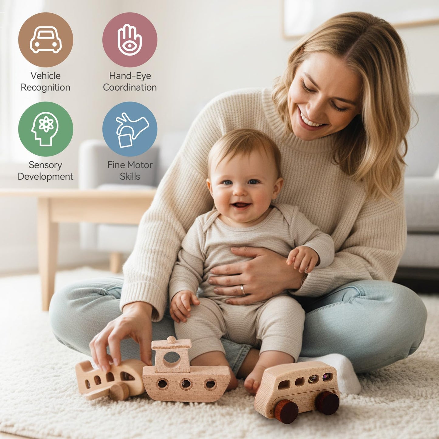 Wooden Toy Car Set for Babies & Toddlers, Montessori Wooden Vehicles with Bus, Airplane & Boat Plus Baby Push Cars, Educational Grasping Toys, Birthday