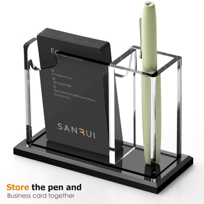 SANRUI Vertical Business Card Holder with Pen Holder for Desk, Clear Acrylic Desk Organizer and Accessories, Professional School Office Supplies Collection Caddy，Multi-function Storage Box
