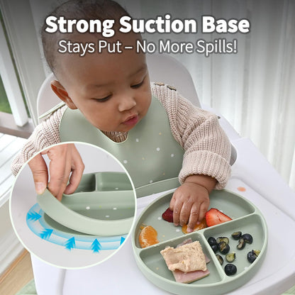 Little Rawr Baby Led Weaning Bundle, 100% Silicone Baby Feeding Set Includes Divided Plate, Suction Bowl, Straw Cup, Bib, Spoon & Fork, Develops Self Feeding Skills, Dishwasher Safe (Green)
