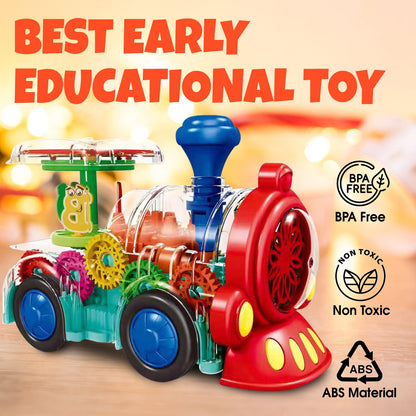 Tooty Toy Transparent Sensory Train Toy -Interactive Light up Toys for Kids- Musical Train Toys with LED Light for Toddlers- Colorful Moving Gears- Tummy Time Crawling Baby Toy