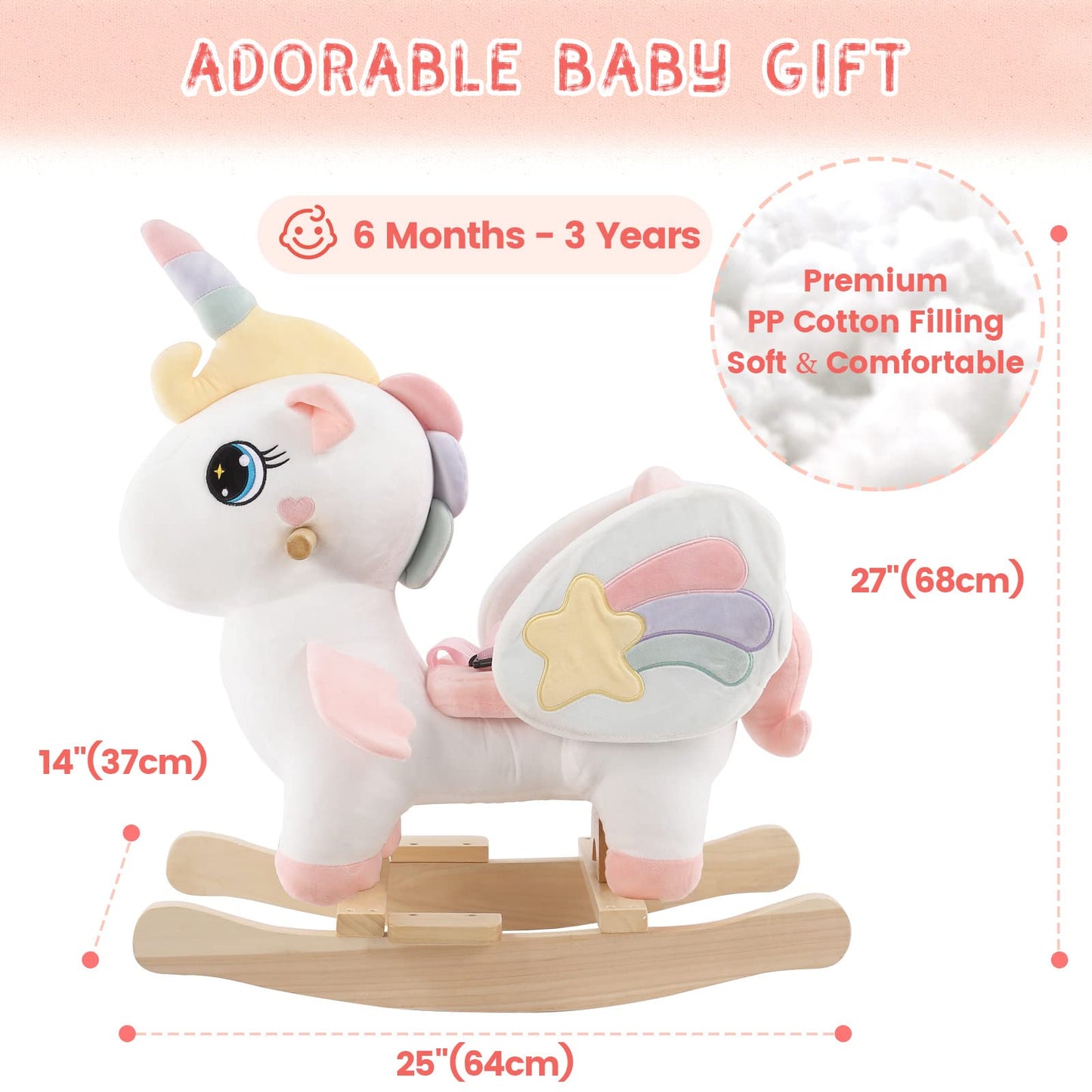 FUNLIO Unicorn Baby Rocking Horse, Rainbow Fairy Unicorn Rocking Horse for Toddlers 6 Months to 3 Years, Stuffed Ride-on Animal Rocker, Easy to Assemble, CE & CPC Certified