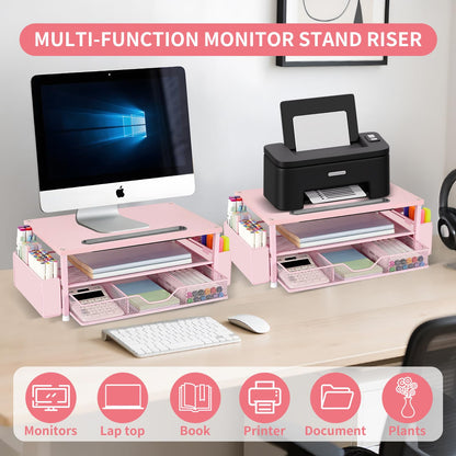 AUPSEN Pink Desk Organizers and Accessories, 2-Tier Wood Computer Monitor Stand with Drawer, Pen Storage & Phone Holder, Office Desk Accessories, Workspace Desktop Organization for Office Supplies