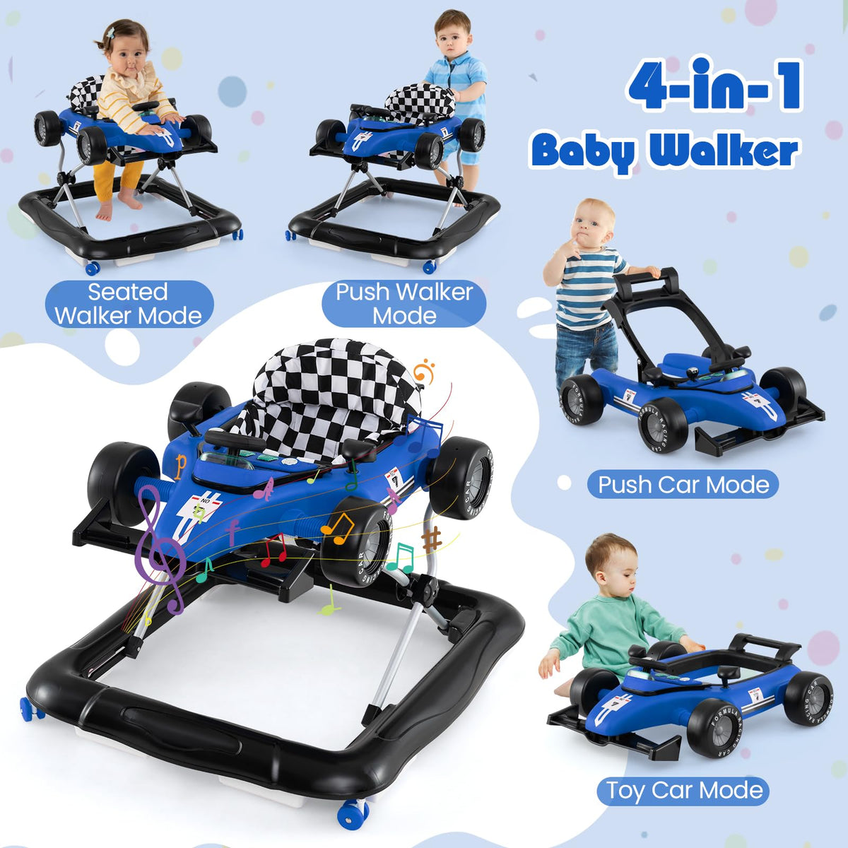 HONEY JOY Baby Walker, 4-in-1 Foldable Infant Activity Push Walker, Toddler Car Walker with Adjustable Heights, Music, Lights, Padded Seat, Baby Walker with Wheels for Boys Girls 6-18 Months (Blue)