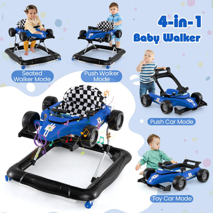 HONEY JOY Baby Walker, 4-in-1 Foldable Infant Activity Push Walker, Toddler Car Walker with Adjustable Heights, Music, Lights, Padded Seat, Baby Walker with Wheels for Boys Girls 6-18 Months (Blue)