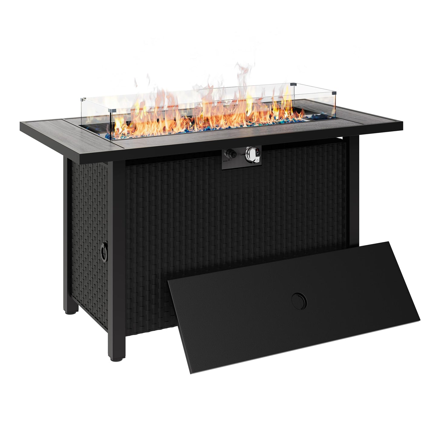 Shintenchi 45 Inch Outdoor Propane Fire Pit 50,000 BTU Gas Fire Pit Table with Lid, Glass Wind Guard, Waterproof Cover, Rectangle Gas Firepit Table for Garden/Patio, CSA Certification