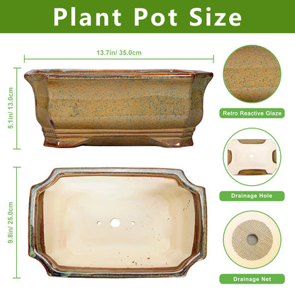 Teagas Bonsai Pots 13.7 Inch - Ceramic Bonsai Tree Pots with Drainage Hole, Succulent Planters for Indoor Outdoor Plants, Decorative Planter, House Decor, Gardening Gifts, Rectangular Yellowish Brown