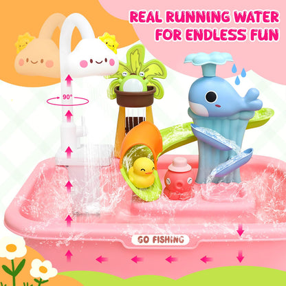 Water Play Table for Toddlers 1-3, Kids Play Sink with Electric Faucet, Outdoor Water Table with Fishing Game, Summer Baby Water Sensory Toy for Toddlers 1-3 Years(Pink)