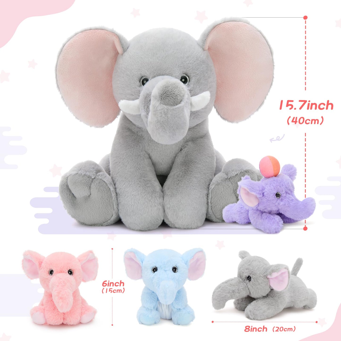 MorisMos Elephant Stuffed Animal with Rotating Trunk, 1 Mommy Elephant with 4 Babies Soft Plush Toys for Girls Boys Kids, Cute Elephant Plushie Gift for Birthday Christmas