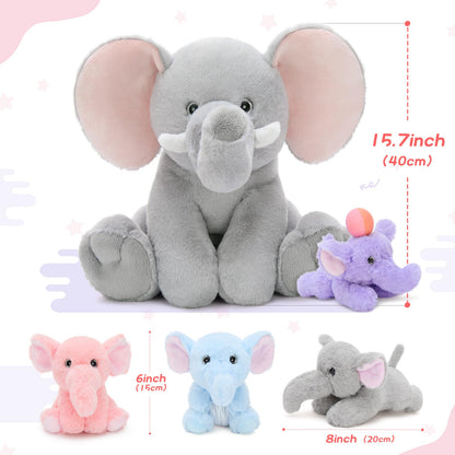 MorisMos Elephant Stuffed Animal with Rotating Trunk, 1 Mommy Elephant with 4 Babies Soft Plush Toys for Girls Boys Kids, Cute Elephant Plushie Gift for Birthday Christmas