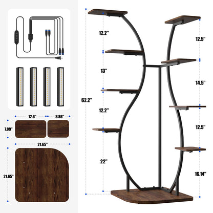 Barrina LS12 Corner Plant Stand with Grow Light, 62.2" Tall 9-Tier Plant Shelf for Large Plant, Warm Full Spectrum T5 Grow Lights, S-Shape Corner Flower Holder for Living Room, Home Decor, Gardening