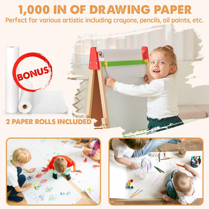 Tiny Land Easel for Kids with 2 Drawing Paper Roll, Adjustable Kids Art Easel, Learning-Toy for 3,4,5,6,7,8 Years Old Boy & Girls, Wooden Chalkboard & Magnetic Whiteboard & Painting Paper Stand