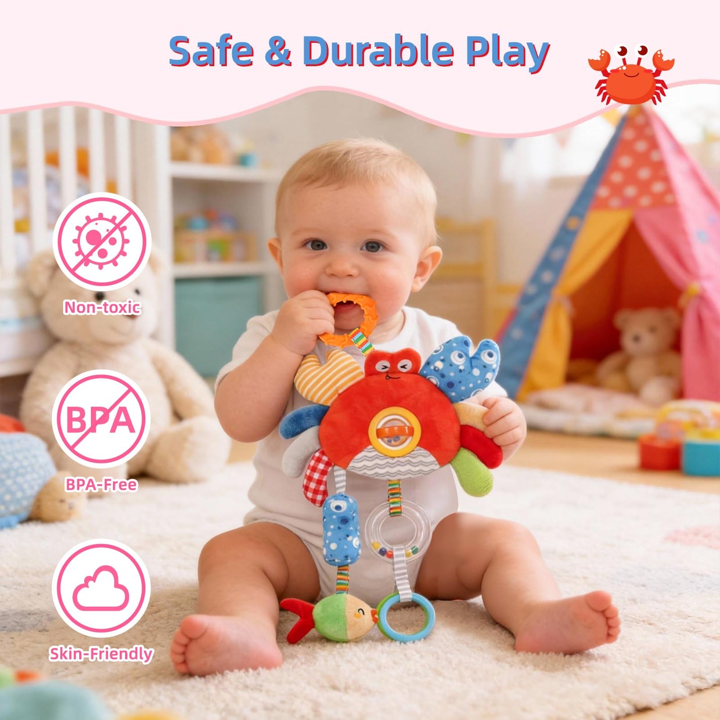 Baby Car Seat Toys with Clip- Travel Sensory Toys for 6 7 8 9 10 11 12 Months, Infant Roadtrip Soft Montessori Hanging Plush Toys Wind Chime, Teether, Rattle, Squeaky for Newborn Boy Girl Gifts