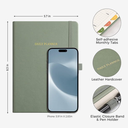 LOAPEM Daily Planner Undated, Appointment Book for Hourly, Daily and Monthly, 365 Days, One Page a Day, Medium Size (5.7" x 8.3"), Leather Hardcover, 12 Self-adhesive Monthly Tabs (Light Green)
