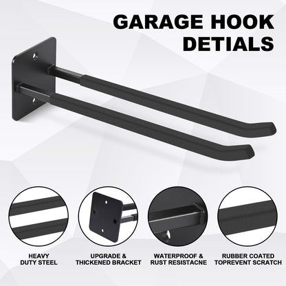 Heevir 14 Inches Extra Large Garage Hooks, 4Pcs Heavy Duty Garage Wall Mount Organizer, Tool Hanger Long Utility Storage Hooks for Hanging Tire, Chair, Ladder, Garden Tools, Strollers and More