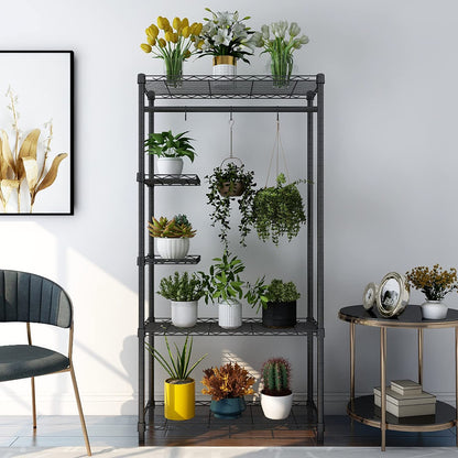 Xiofio Plant Stand for Indoor Outdoor,Metal Plant Stands,Adjustable Plant Shelves with Hanging Rod for Bedroom Living Room Balcony Garden,Black