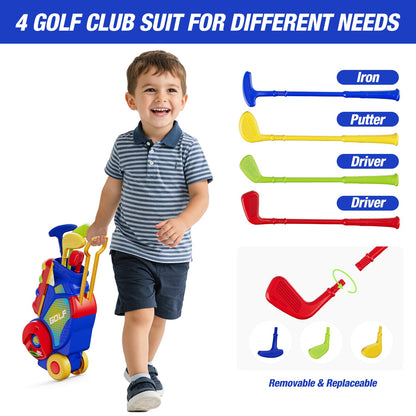 HYES Toddler Golf Set 2-4 Years, Kids Golf Club with 8 Balls, 4 Plastic Clubs, Putting Mat, Scoreboard, Storage Bag, Indoor Outdoor Game with Golf Cart Sport Toy Gift for Baby Boys Girls Age 3-5, Blue
