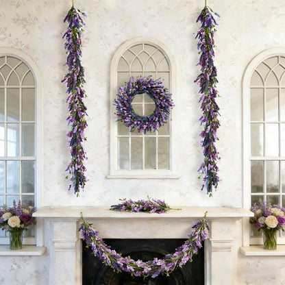 Egolot Purple Lavender Flower Garland for Mantle & Fireplace, 70Inch Spring Summer Garland for Front Door Wedding Decor, Rustic Farmhouse Indoor Outdoor Swag