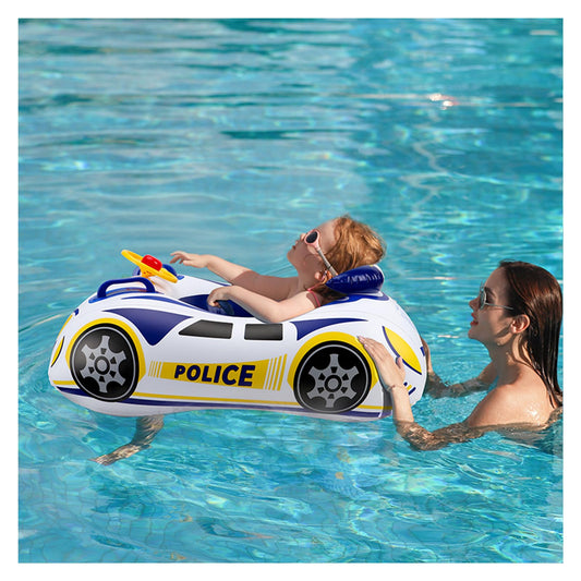 Police Car Toddler Pool Float, Inflatable Baby Pool Floaties, Baby Swim Floats with Handle and Safety Seat Pool Floatie Toys for Boys Girls Kids 1, 2, 3, 4, 5 Years Old (Blue Yellow)