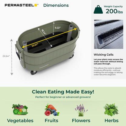 Permasteel Self-Watering Garden Bed, Rolling Planter for Vegetables, Flowers, Herbs, and Fruit, Outdoor Indoor, Caster Wheels, Army Green
