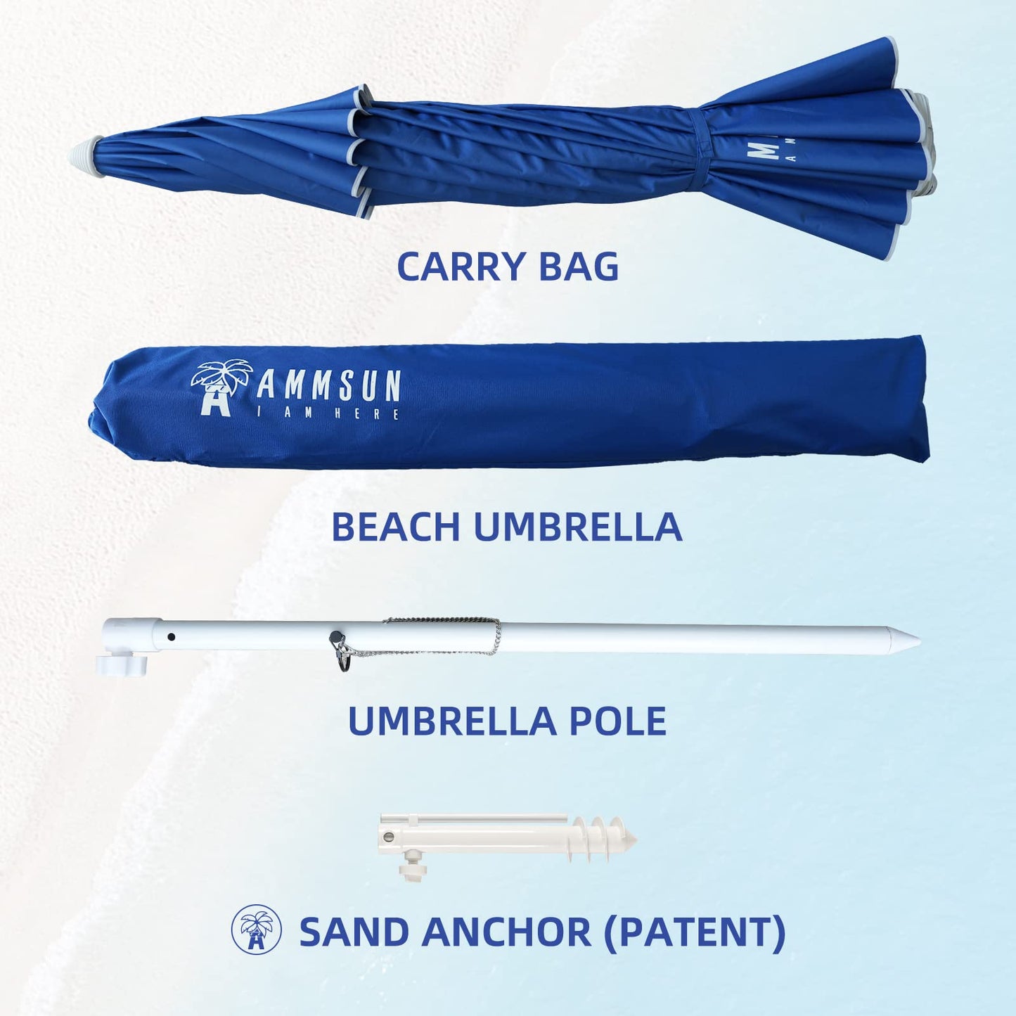 AMMSUN 8 Feet Large Beach Umbrella with Sand Anchor Heavy Duty High Wind Portable Outdoor Umbrellas UPF 50+ Protection Air Vent Tilt Patio Garden Pool Blue