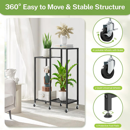 iDavosic.ly 4 Tier Plant Stand Indoor with Wheels, Metal Tiered Corner Flower Holder Shelf Outdoor for Large Pots, Tall Rolling Rack for Patio Porch Garden Balcony Living Room, Modern Black