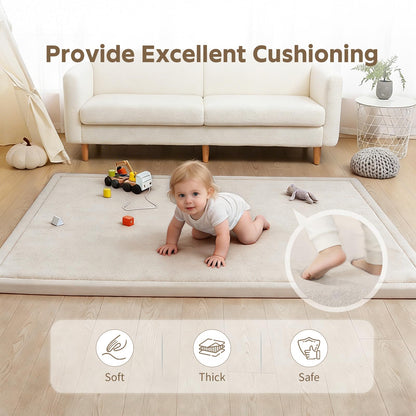 COLLACOCO Baby Play Mat for Floor, 59"x79" Playpen Mat, 1.3" Thick Memory Foam Tummy Time Mat, Soft Coral Velvet Nursery Rug, Easy-Care & Non-Slip Cushioned for Infants, Kids, Toddlers Crawling, Beige