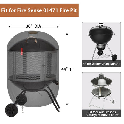 [2026 Upgraded 900D Fabric] Tall Fire Pit Cover Round for Firesense 01471 Fire Pit, 30"D x 44"H Wood Burning Chiminea Cover, 900D Heavy Duty Waterproof Fabric Charcoal Kettle Grill Cover-Black