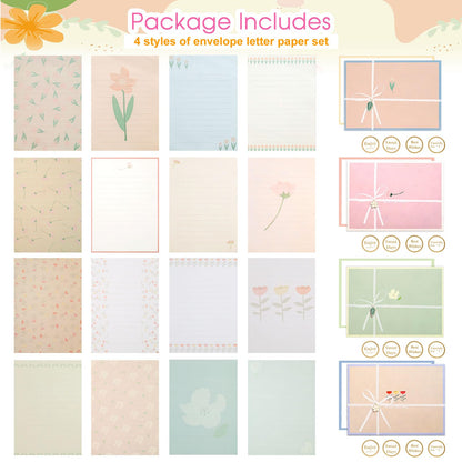 KSIWRE 48 PCS Stationery Paper and Envelopes Set,Cute Floral Stationary Set for Writing Letters,Double Sided Printing,Letter Writing Kit