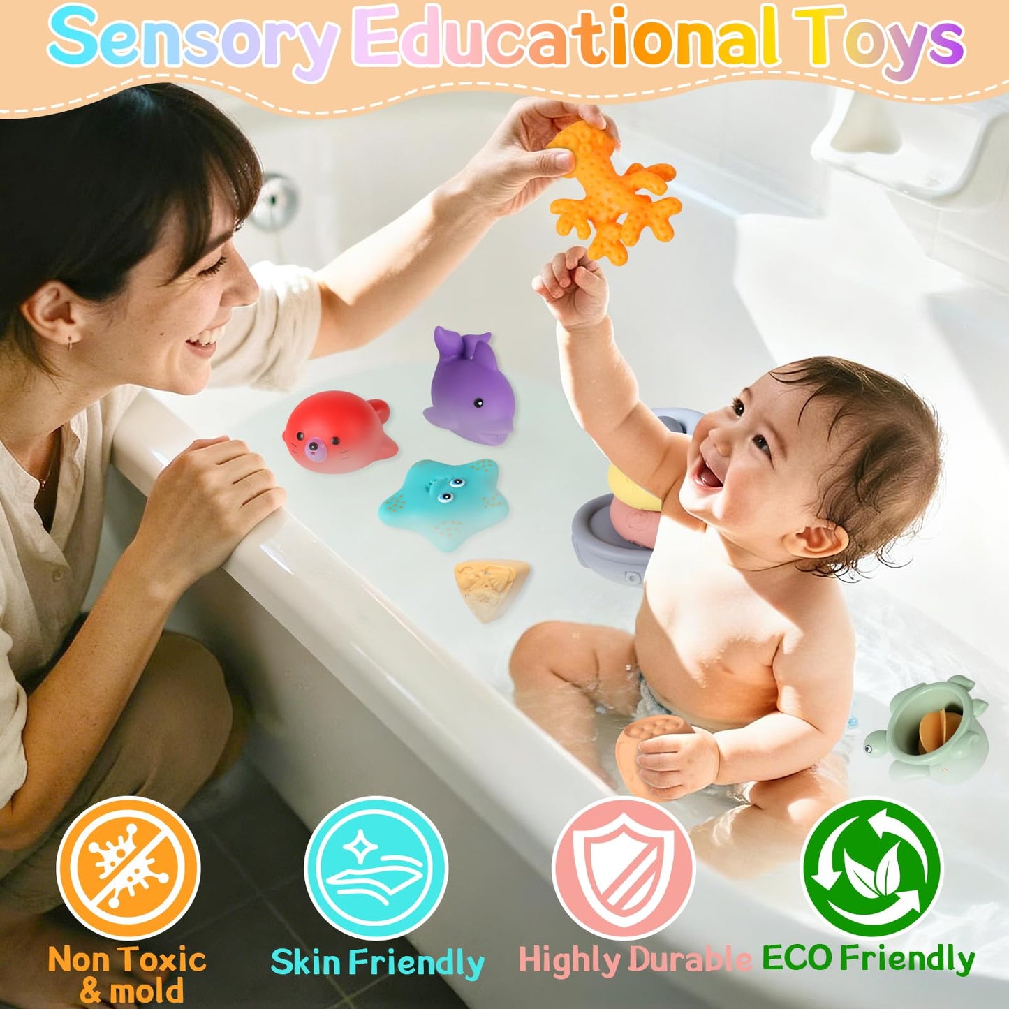 7-in-1 Montessori Baby Toys with Shape Sorter Sensory Bin, Stacking Cups, Soft Sea Animal Toys for 6-12-18 Months, Fun Bath Time Learning Developmental Toys Gifts for 1 2 3 Year Old Girls Boys