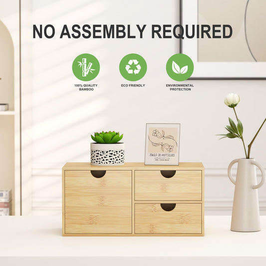 Wisuce Desk Organizer with Drawers - Bamboo Desktop Organizer Storage | White-Natural Wood Desk Drawers Organizer for Bills, Office Supplies, Cosmetics, Seals No Assembly Required(3 drawers edge-free)