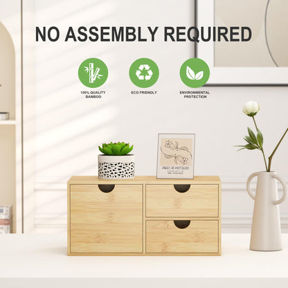 Wisuce Desk Organizer with Drawers - Bamboo Desktop Organizer Storage Natural Wood Desk Drawers Organizer for Bills, Office Supplies, Cosmetics, Seals No Assembly Required 3 Drawers（left-right)