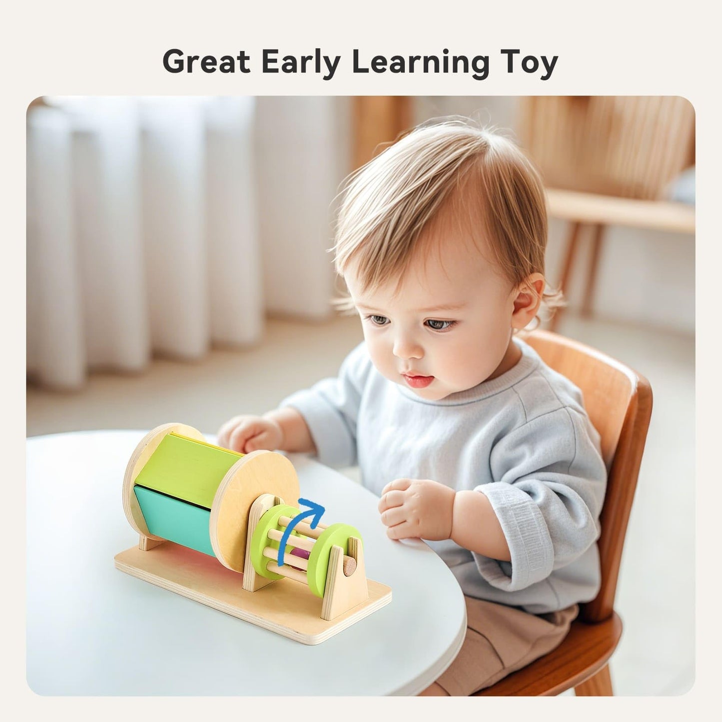 IEATFO 2-in-1 Montessori Baby Toys | Wooden Spinning Drum & Rolling Rattle Combo for 3 6 12 Months | Sensory Development Toys with Mirror, Bells & Tummy Time Play | ASTM Certified Gift (Girl/Boy)