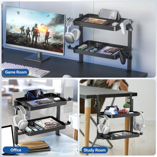 KDD Clamp On Desk Organizer - Adjustable 2-Tier Above or Under Desk Shelves with Large Capacity Tray, Phone & Tablet Holder, Headphone Hook - No Drilling Desktop Storage for Office & Home Accessories