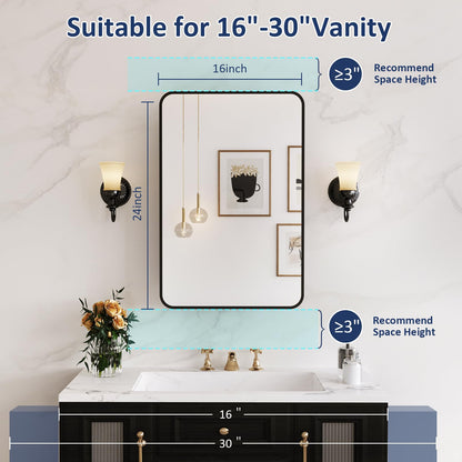 Yunnshee Yursa Medicine Cabinet Mirror 16x24 Inch, Black Bathroom Mirror Cabinet with Stepless Adjustable Shelves, Rounded Rectangle Metal Framed, Bathroom Mirror with Storage Recessed or Wall Mount