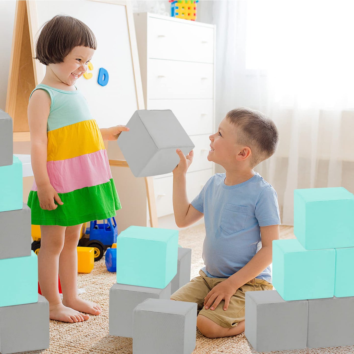 TRENDBOX 6 Pcs Toddler Foam Blocks, 5.5inch Soft Foam Cubes with Detachable Washable Cover, Soft Play Blocks for Toddlers and Kids (Light Gray/Blue)
