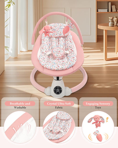 Baby Swing for Infants, Electric Baby Swing with Bluetooth, Portable Infant Swing with 5 Speeds, 10 Lullabies, 5-Point Harness & Remote Control, for Newborns Infants Indoor Outdoor Use (Floral)