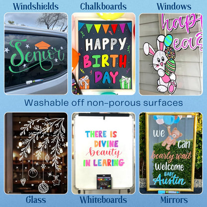 MoodClue Liquid chalk markers 12 neon erasable Whiteboards, glass boards, chalkboards, windows, mirrors, car windshields, auto, glass. Odorless, non-toxic. Wet or dry erase. Thick and thin tip
